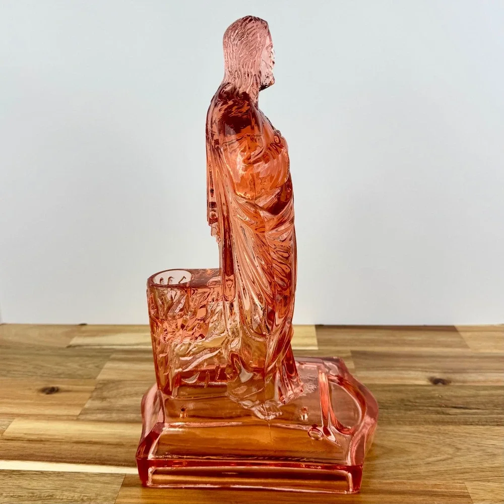 Antique Jesus Christ Pink Depression Glass‎ Sacred Flaming Heart Candle Holder